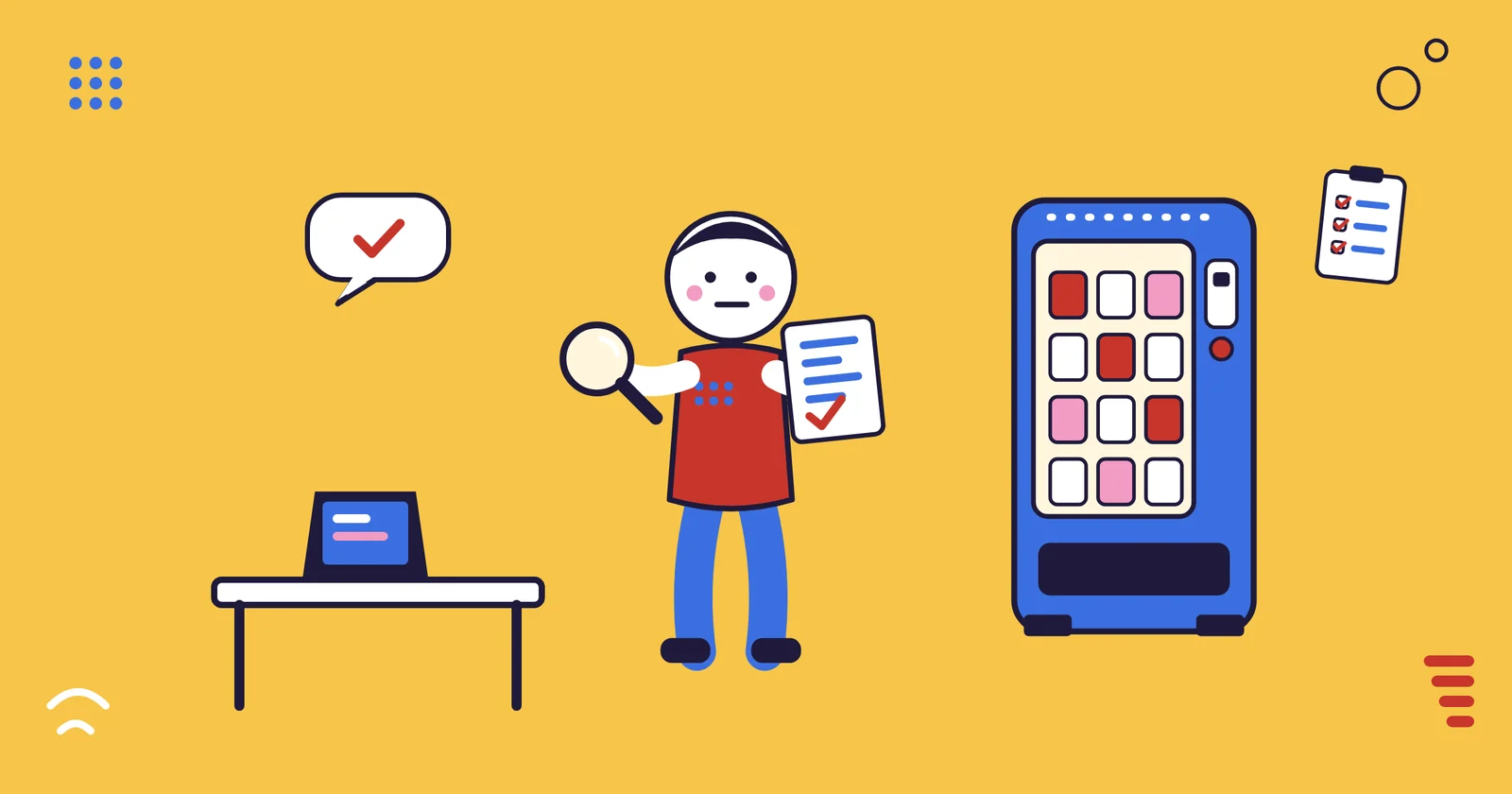 Illustration: a person holding a magnifying glass and a checked document stands by a desk with a laptop, with a vending machine and a checklist nearby