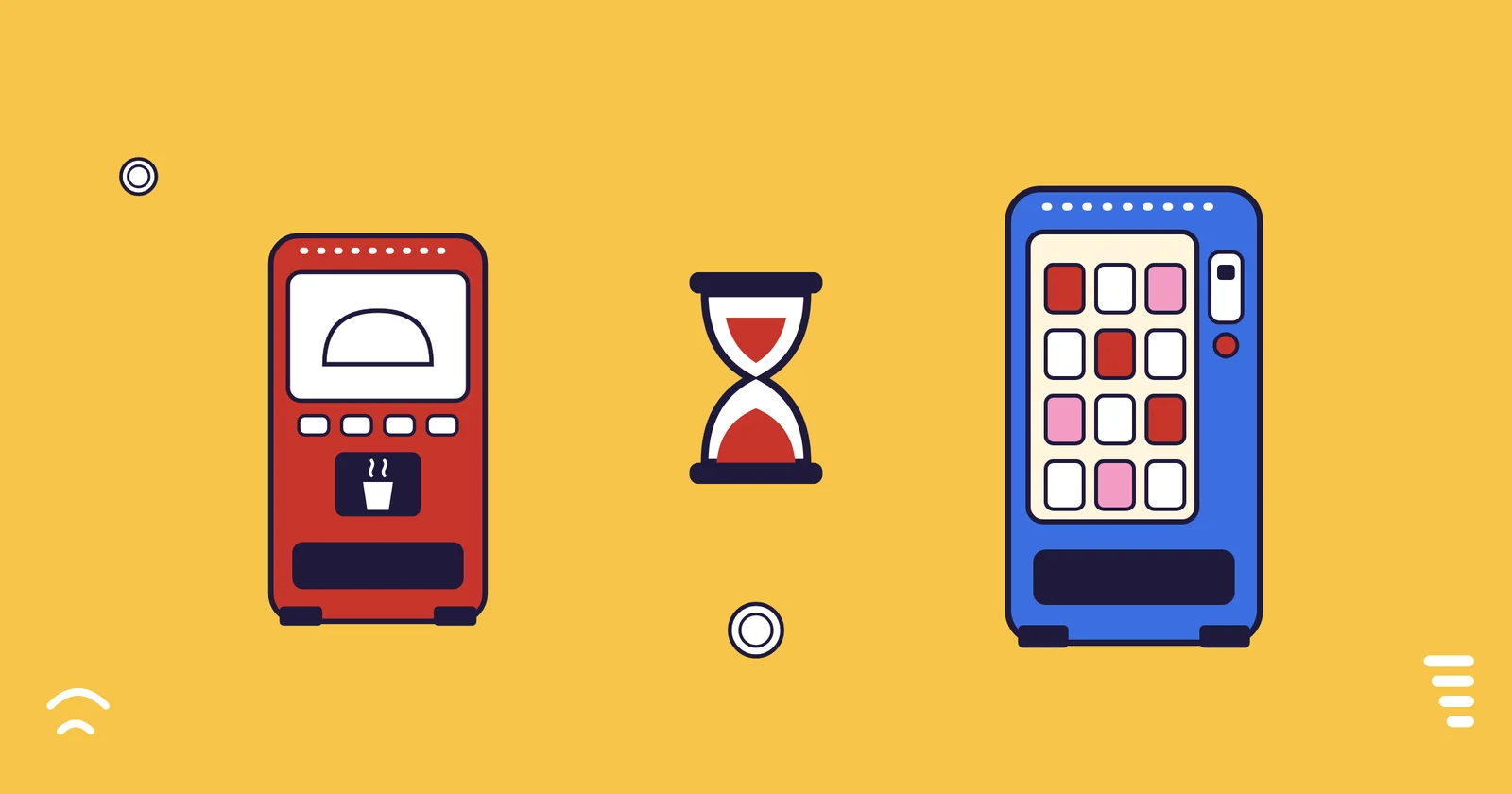 Illustration: an older and a newer vending machine, an hourglass, and a coin
