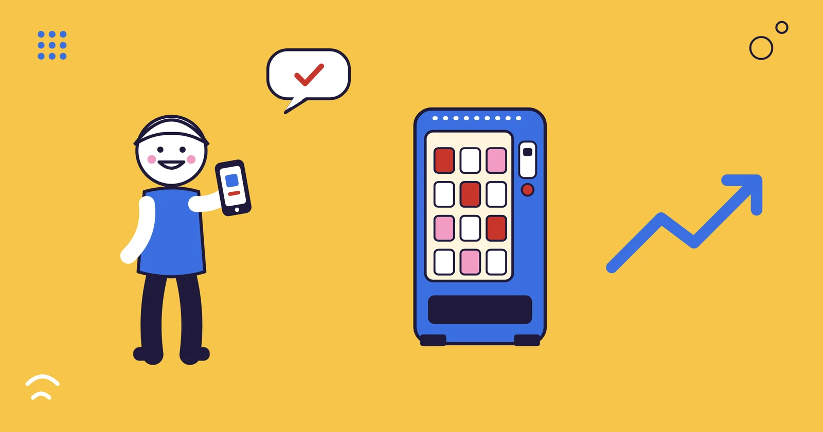 Ilustracja: osoba z telefonem, dymek z ptaszkiem, automat i rosnąca strzałka