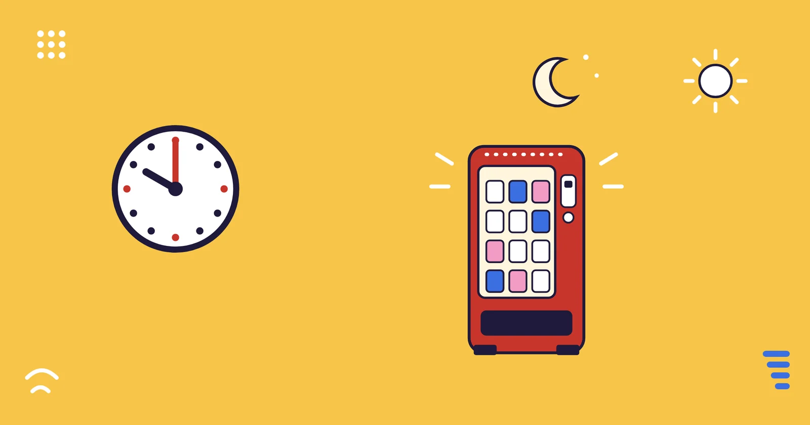 Ilustracja: duży zegar, księżyc i słońce oraz podświetlony automat
