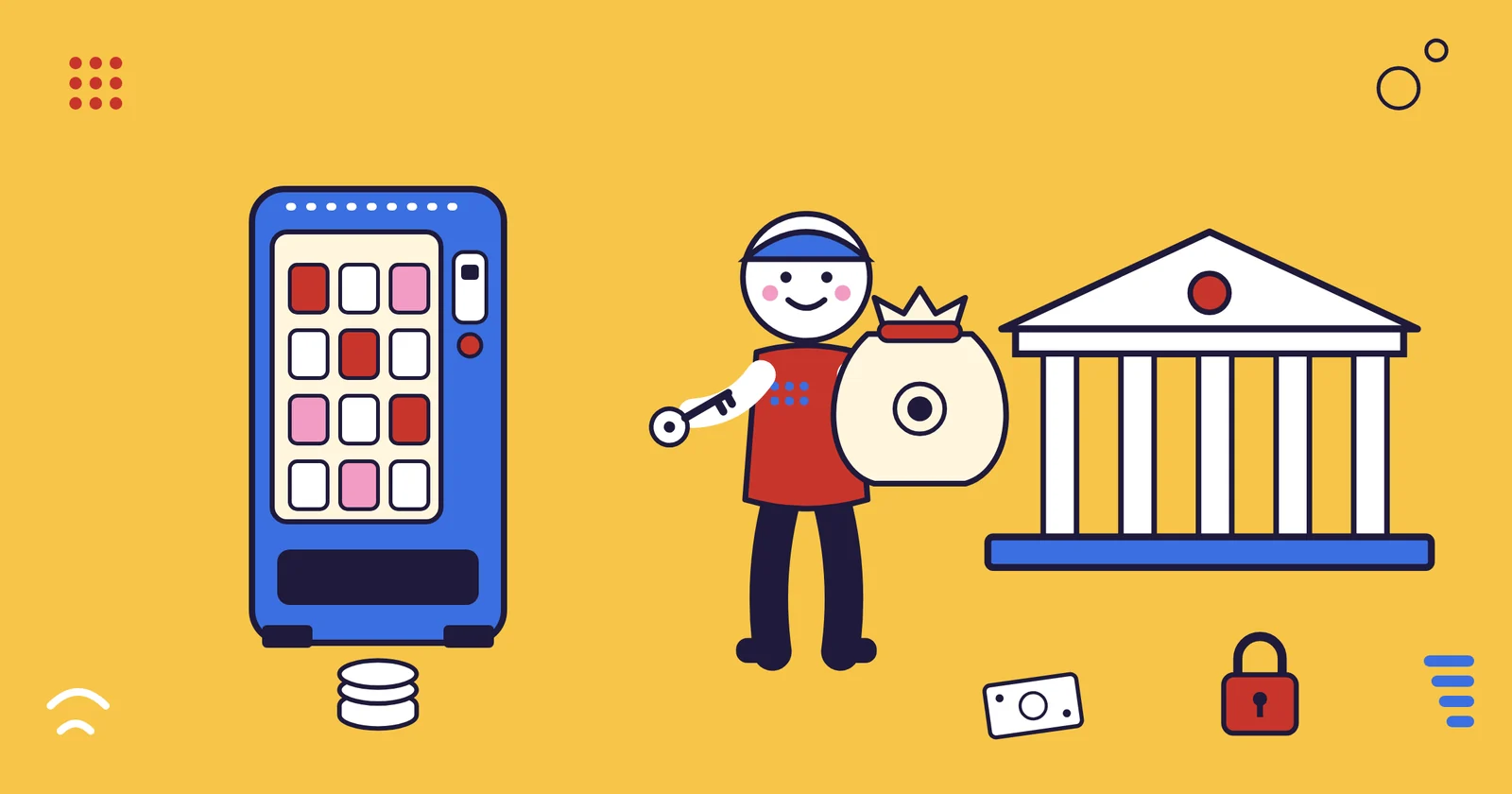 Illustration: a person holding a cash bag and a key stands between a vending machine and a bank building, with coins, a bill, and a padlock nearby