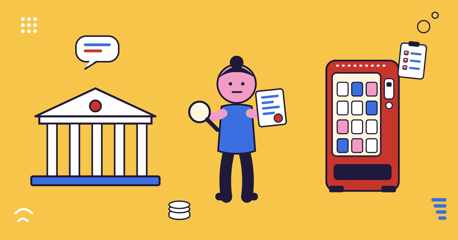 Illustration: a person holding a stamped document and a magnifying glass stands between a public office building and a vending machine, with a checklist and coins nearby